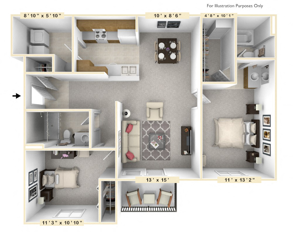 Floor plan for 2 beds, 2 baths, 1075 sqft